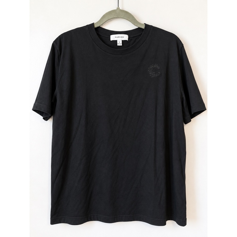 Carven T-shirt Chok Women Size M Black Embroidered Logo Top Noir Minimalist NWT